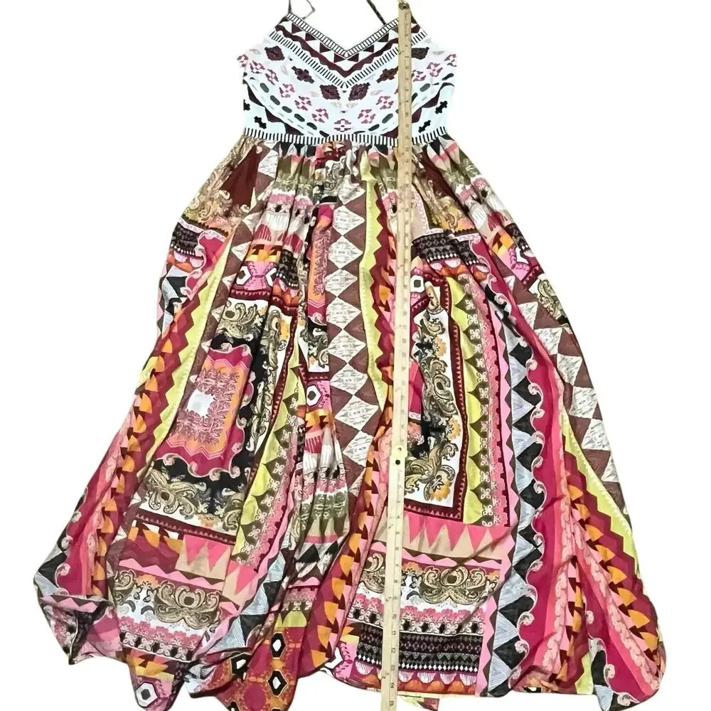 Boho Embroidered Smocked Maxi Dress Women's M Festival Geometric Hippie Resort - Picture 8 of 8